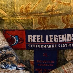 Reel Legends Green and Tan Tropical button up  Collar Shirt